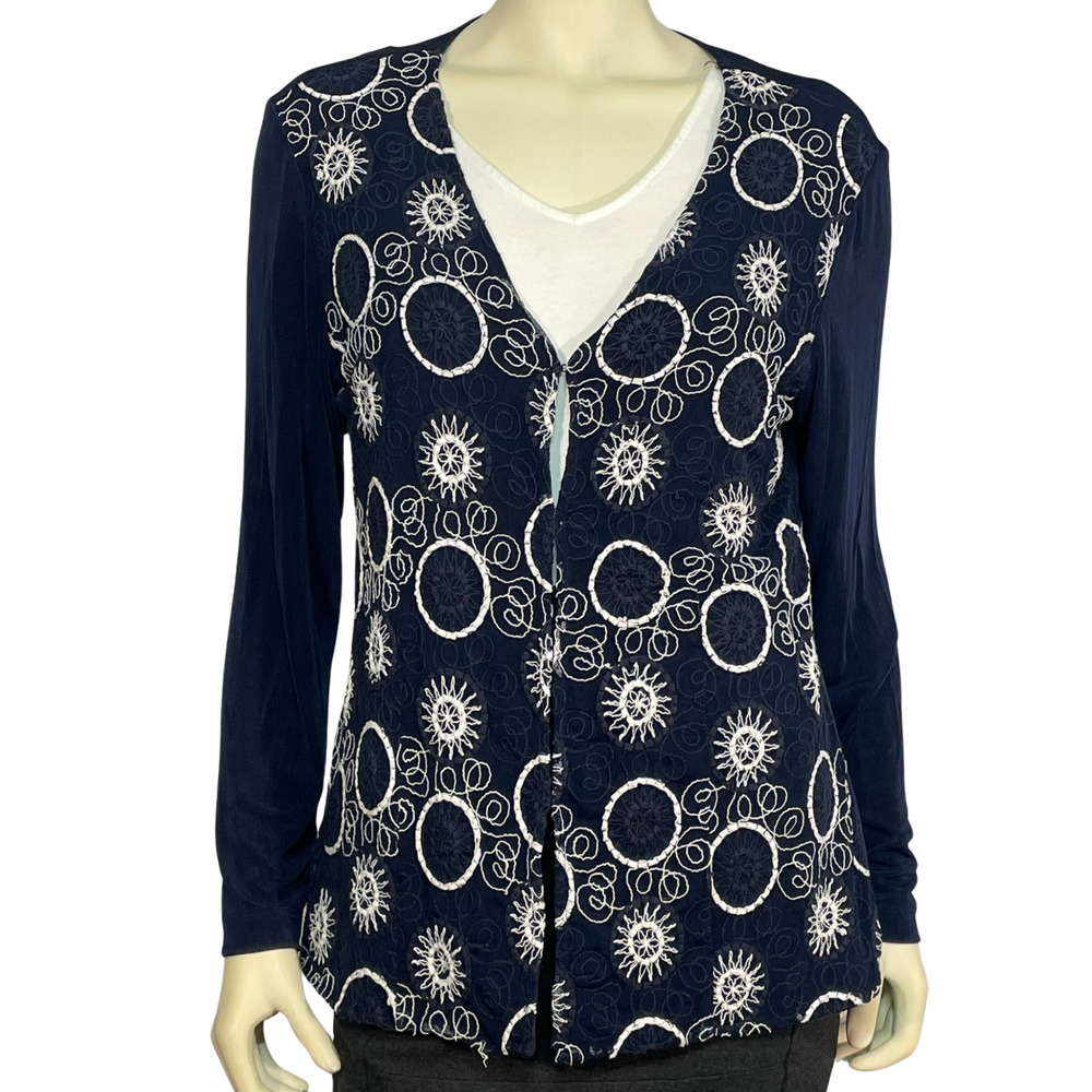 Chico's Travelers Sz 2 L 12-14 Open Cardigan Embroidered Slinky Knit Navy Blue